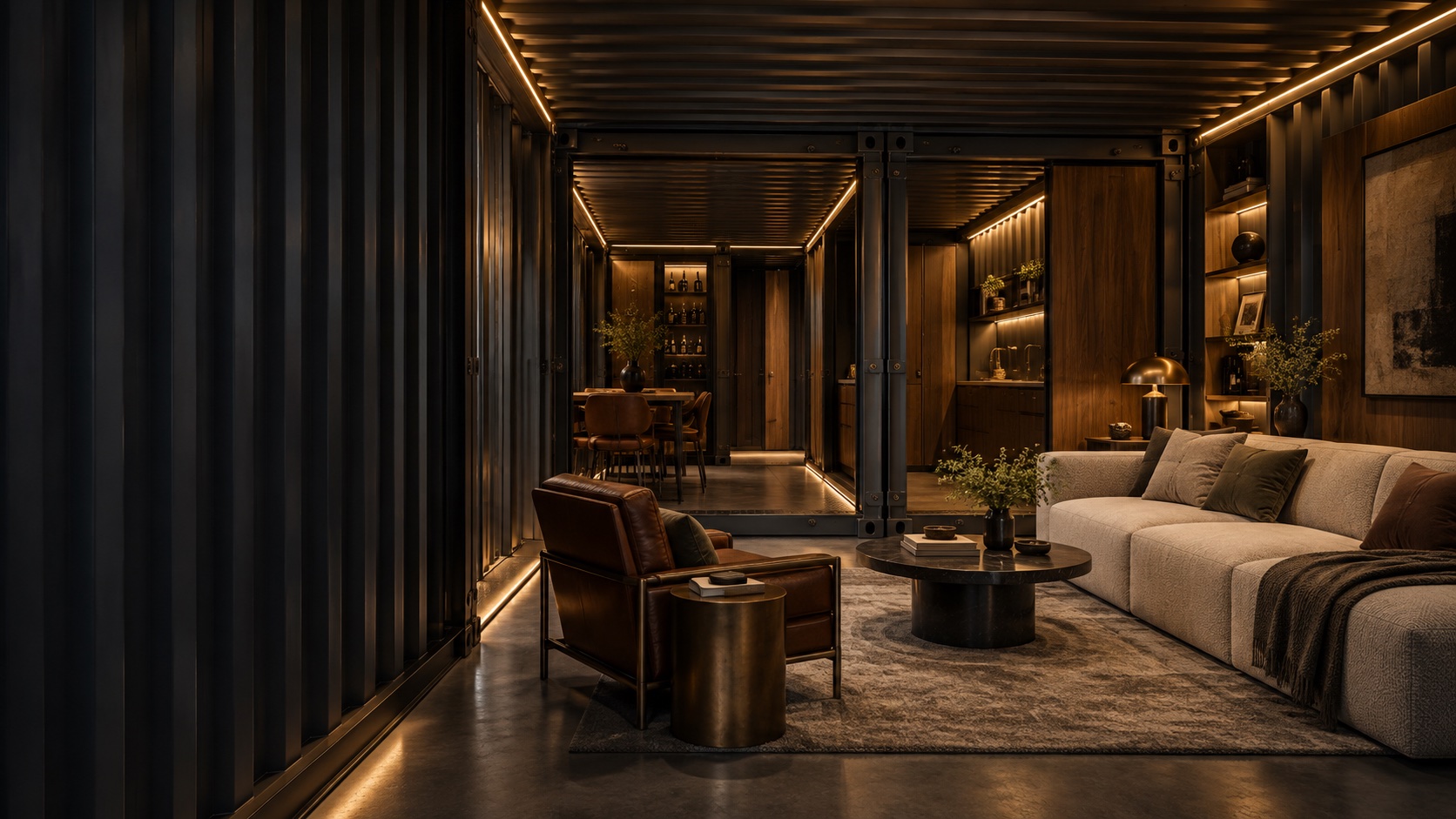 Concept interior detail: warm walnut, exposed container steel and tailored lounge furniture.